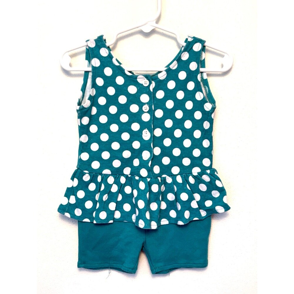 Turquoise 1980s Romper, Polka Dot Romper, Peplum 1980s Romper